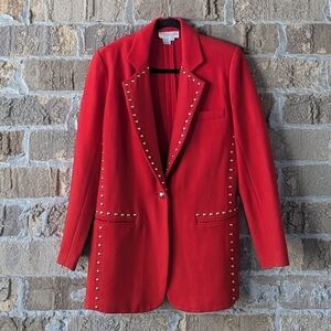 VTG 80s Adam Douglass for Adrianna Papell Red Wool Studded Blazer Power Suit